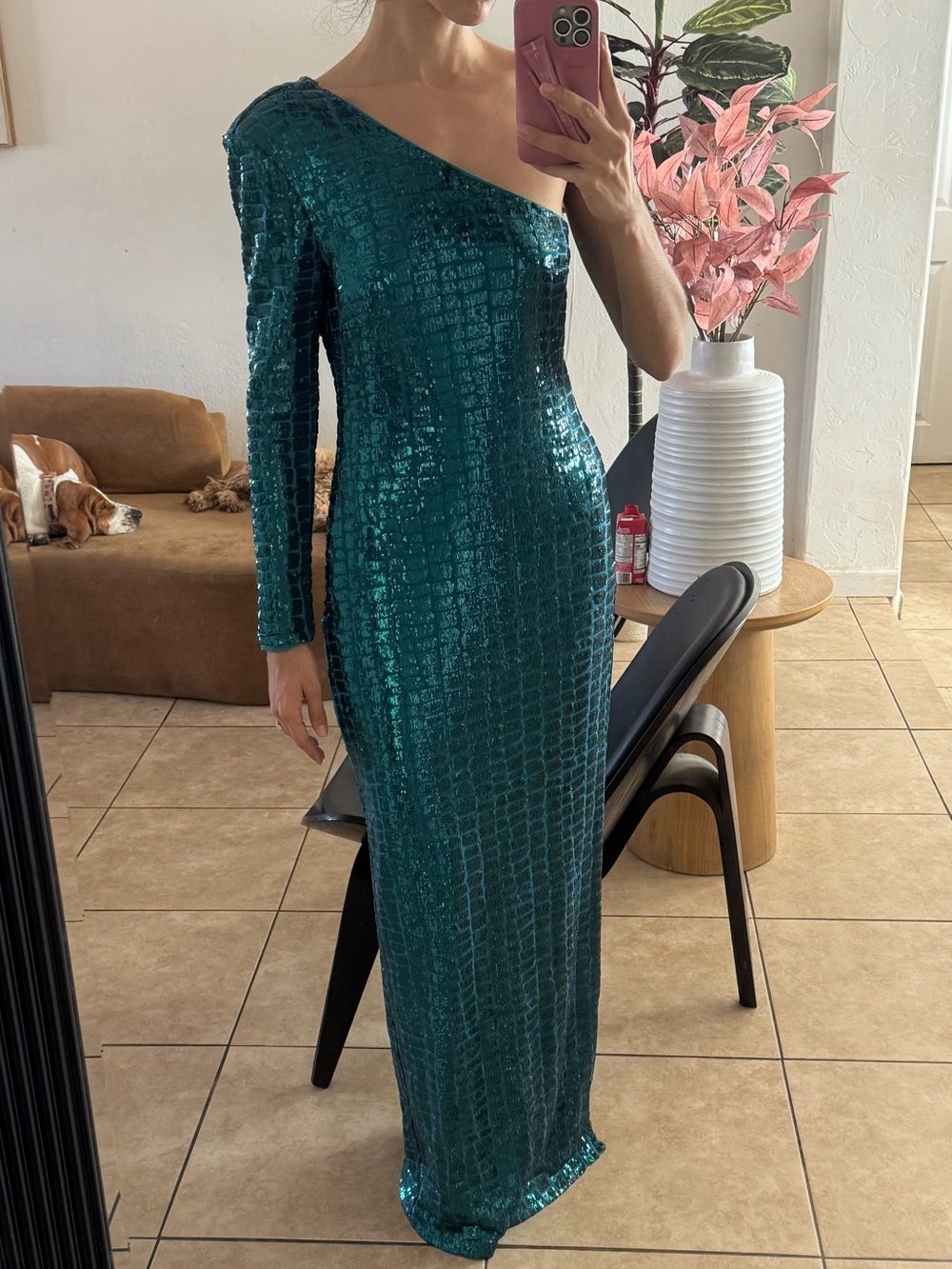 Michael Costello One-Shoulder Long Sleeve Sequin Gown - Teal
